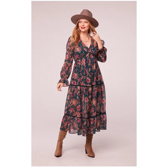 BAND OF THE FREE BOG RUN THE WORLD PINE BERRY PAISLEY EMPIRE WAIST MIDI DRESS S - Picture 6 of 9